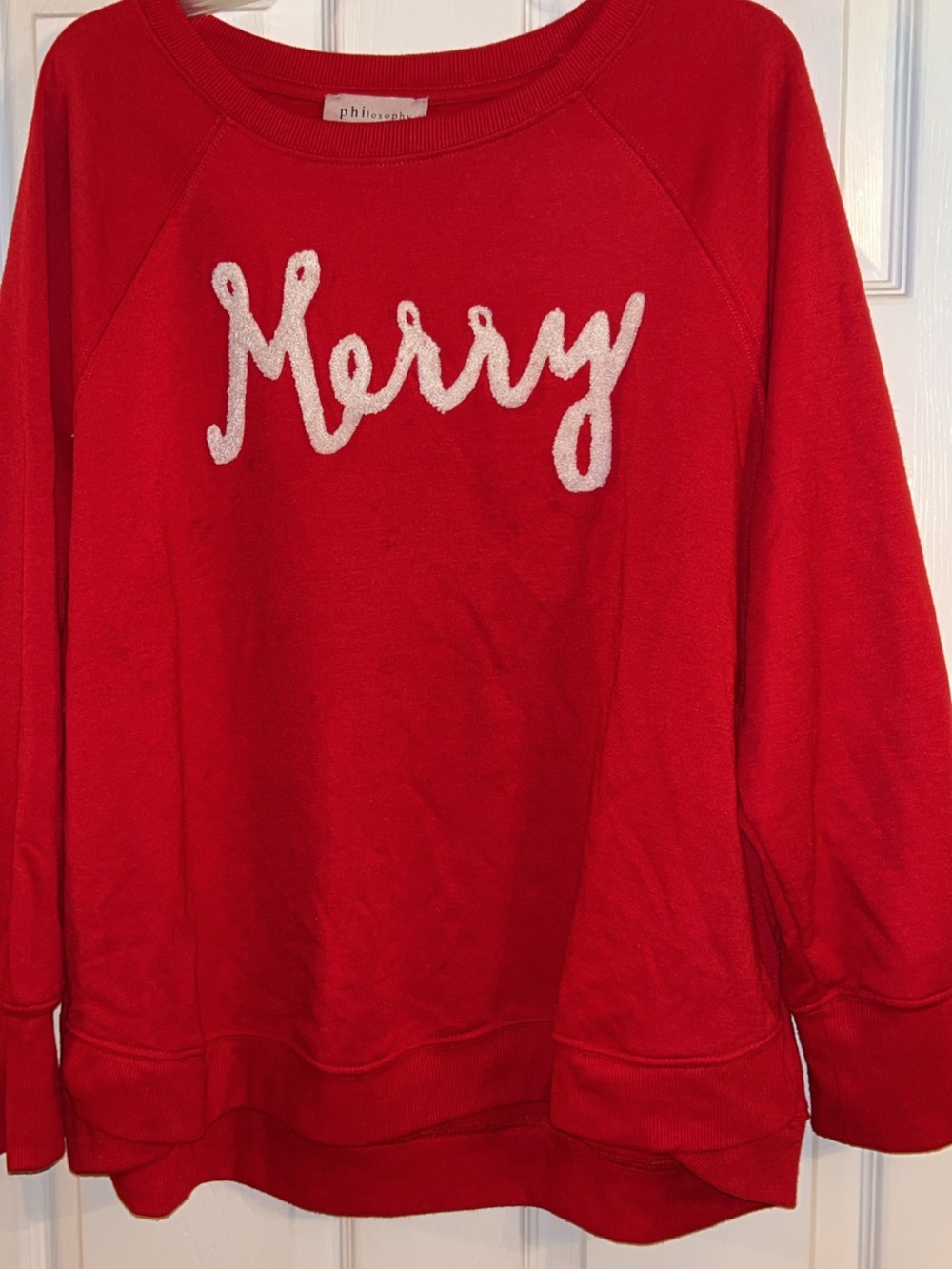 Philosophy Red Sweatshirt with White 'Merry' Script